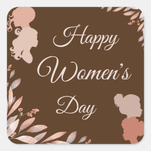 Pegatina Cuadrada Feliz Día Internacional de la Mujer Foliaje Acuare