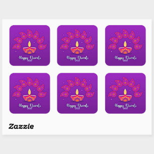 Pegatina Cuadrada Feliz Diwali Añadir año 20xx Rojo amarillo morado