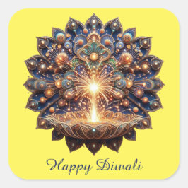 Pegatina Cuadrada Feliz Diwali Blue Gold Festival de la Luz