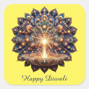 Pegatina Cuadrada Feliz Diwali Blue Gold Festival de la Luz