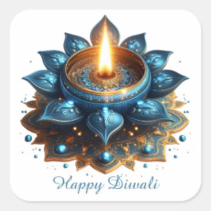 Pegatina Cuadrada Feliz Diwali Blue Gold Festival de la Luz