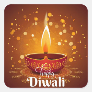 Pegatina Cuadrada Feliz Diwali brillante Festival de la Diya Roja