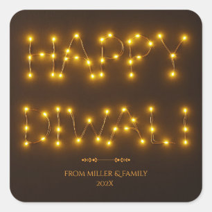 Pegatina Cuadrada Feliz Diwali brillante luces de cuerda cálidas