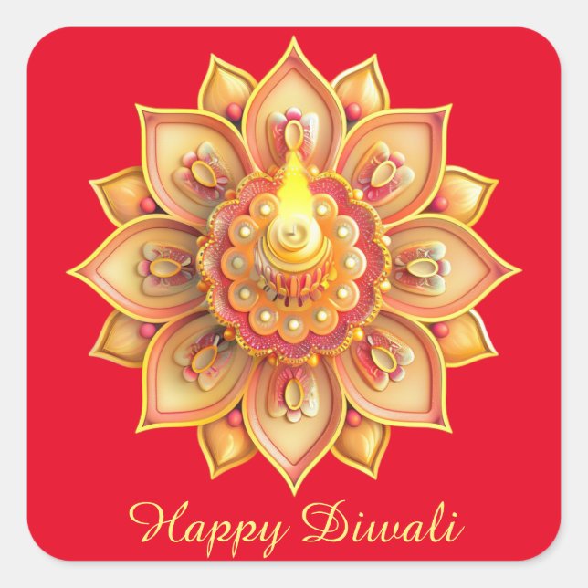 Pegatina Cuadrada Feliz Diwali Festival de Oro Ligero Rojo (Anverso)