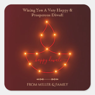 Pegatina Cuadrada Feliz Diwali, lámpara de aceite de brillantes cade