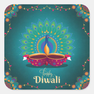 Pegatina Cuadrada Feliz Diwali Peacock Diya Festival de Blue claro