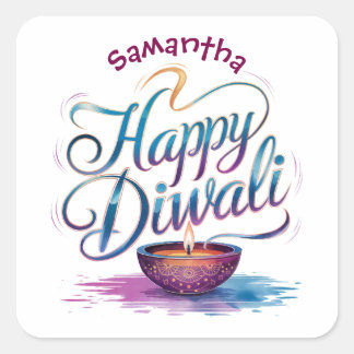 Pegatina Cuadrada Feliz Diwali personalizable blanco 