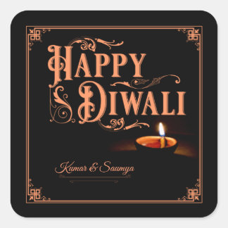 Pegatina Cuadrada Feliz Diwali personalizable negro y naranja