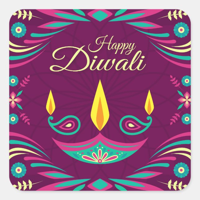 Pegatina Cuadrada Feliz Diwali púrpura y verde azulado ilustracion d (Anverso)