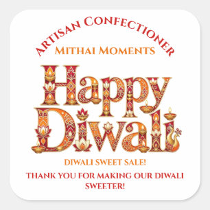 Pegatina Cuadrada Feliz Diwali Venta Dulce Gracias Pavos Reales Diya