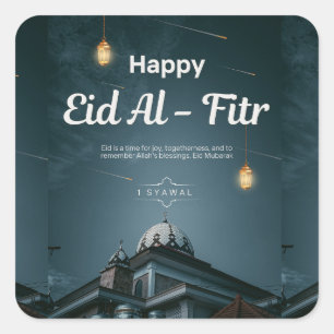 Pegatina Cuadrada Feliz Eid Al Fitr Mezquita Linterna Noche Arte