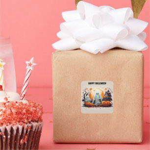 Pegatina Cuadrada Feliz Fantasma de Halloween con calabazas