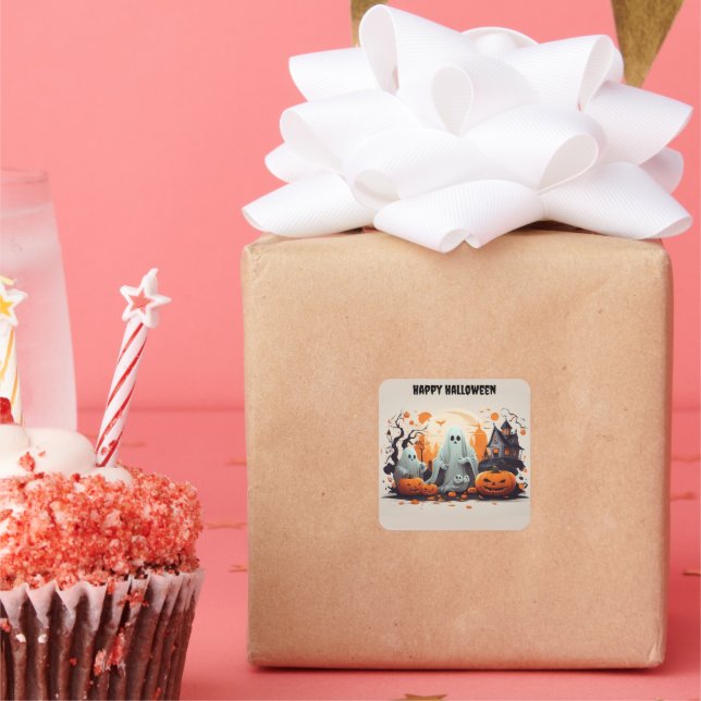 Pegatina Cuadrada Feliz Fantasma de Halloween con calabazas (Fiesta)