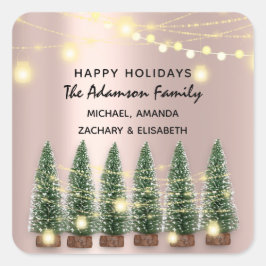 Pegatina Cuadrada Feliz feriado Feliz Rosa de nombre de árbol de nav