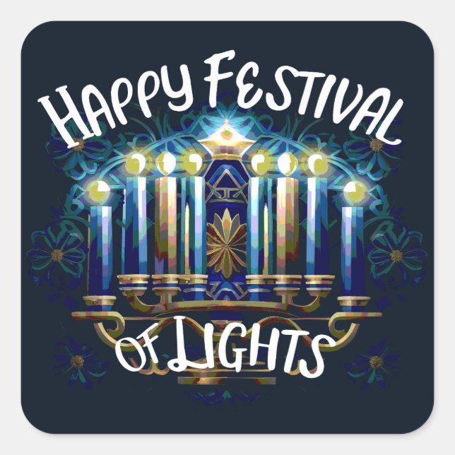 Pegatina Cuadrada Feliz Festival de las Luces Hanukkah Menorah (Anverso)