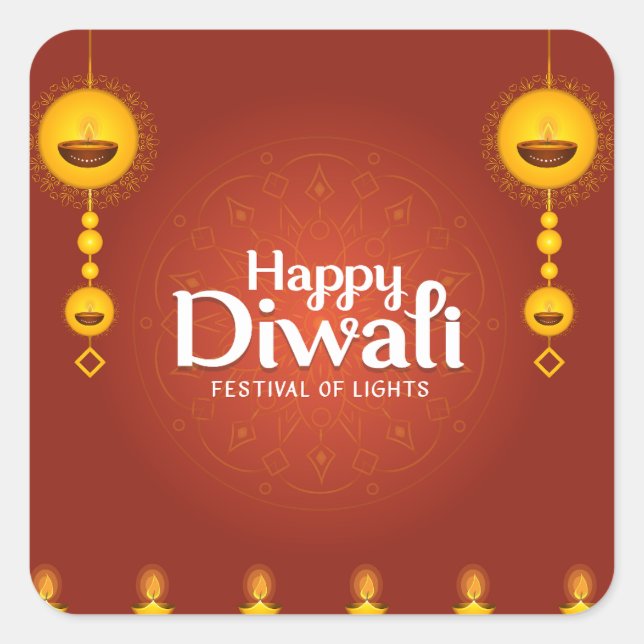 Pegatina Cuadrada Feliz Festival Diwali de Luces (Anverso)