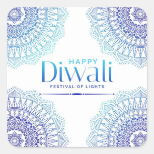Pegatina Cuadrada Feliz Festival Diwali de Mandala Blanca Azul
