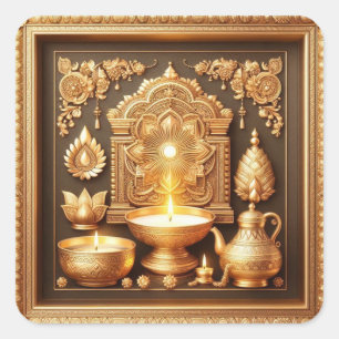 Pegatina Cuadrada Feliz Festival Diwali de Oro Floral Ligero