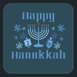 Pegatina Cuadrada Feliz Festival Judío de Hanukkah Menorah Dreidel<br><div class="desc">Feliz Hanukkah divertido pegatinas de vacaciones judías con copos de nieve,  menorah y dreidel.</div>