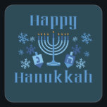 Pegatina Cuadrada Feliz Festival Judío de Hanukkah Menorah Dreidel<br><div class="desc">Feliz Hanukkah divertido pegatinas de vacaciones judías con copos de nieve,  menorah y dreidel.</div>