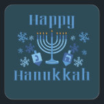 Pegatina Cuadrada Feliz Festival Judío de Hanukkah Menorah Dreidel<br><div class="desc">Feliz Hanukkah divertido pegatinas de vacaciones judías con copos de nieve,  menorah y dreidel.</div>