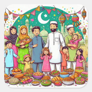 Pegatina Cuadrada Feliz fiesta de celebración de la familia Eid