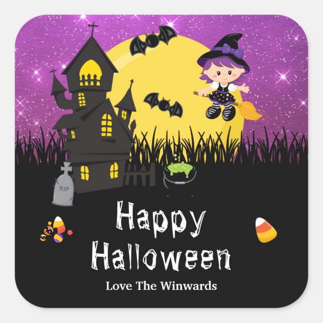 Pegatina Cuadrada Feliz Fiesta de Halloween Witch Purple (Anverso)