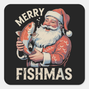 Pegatina Cuadrada Feliz Fishmas Divertida Navidad Santa Claus Pesca 