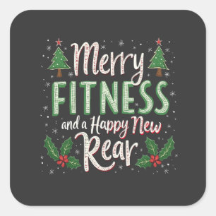 Pegatina Cuadrada Feliz Fitness y Feliz Año Nuevo de Fisicoculturism