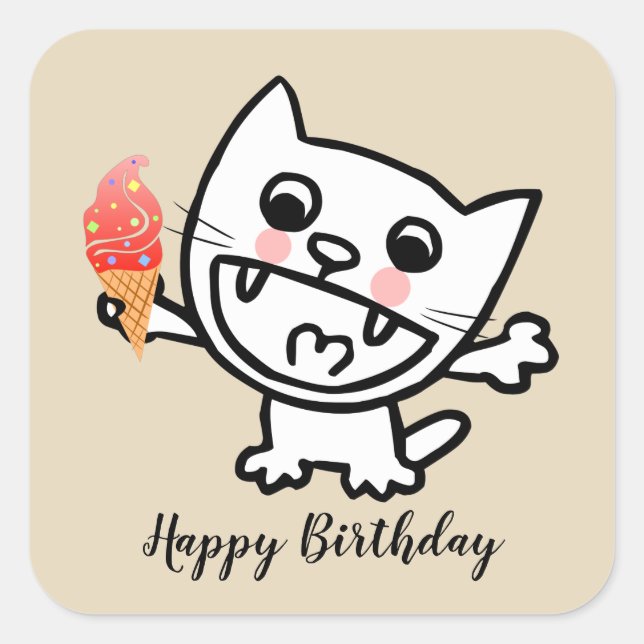 Pegatina Cuadrada Feliz Gato Con Helado (Anverso)