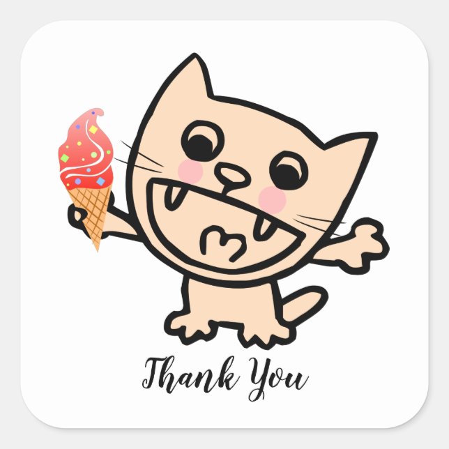 Pegatina Cuadrada Feliz Gato Con Helado (Anverso)
