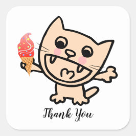Pegatina Cuadrada Feliz Gato Con Helado