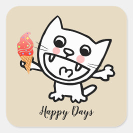 Pegatina Cuadrada Feliz Gato Con Helado