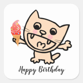Pegatina Cuadrada Feliz Gato Con Helado