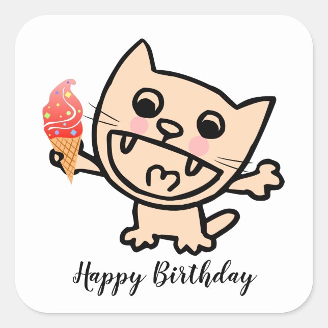 Pegatina Cuadrada Feliz Gato Con Helado (Anverso)
