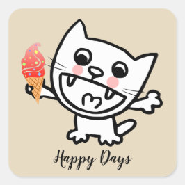 Pegatina Cuadrada Feliz Gato Con Helado