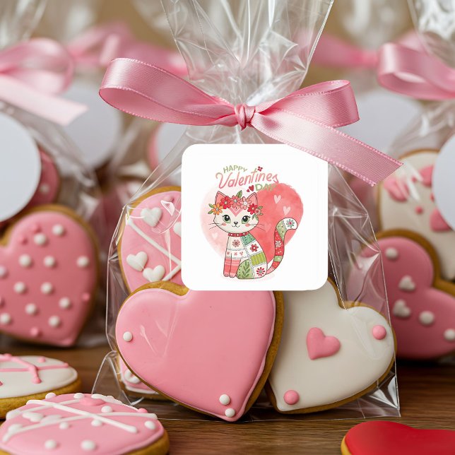 Pegatina Cuadrada Feliz Gato de San Valentín (Subido por el creador)