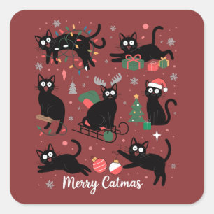 Pegatina Cuadrada Feliz Gatonavidad Gato Negro Divertido Amante De L