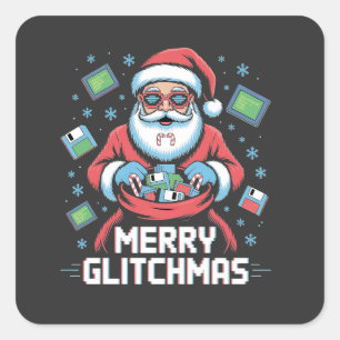 Pegatina Cuadrada Feliz Glitchmas Código Programador Santa Navidad
