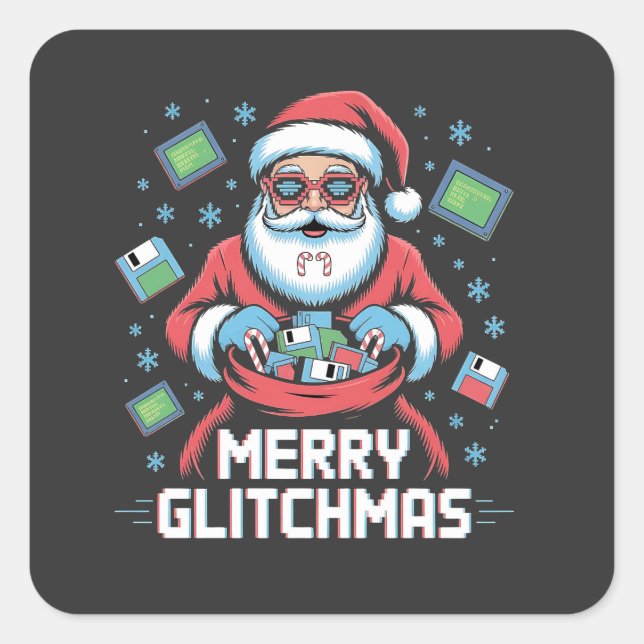 Pegatina Cuadrada Feliz Glitchmas Código Programador Santa Navidad (Anverso)