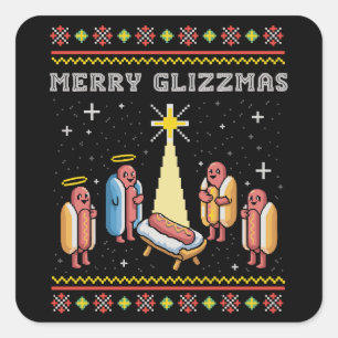 Pegatina Cuadrada Feliz Glizzmas Perro Caliente Feo de Navidad Xmas