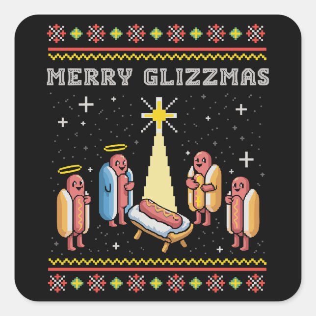 Pegatina Cuadrada Feliz Glizzmas Perro Caliente Feo de Navidad Xmas (Anverso)