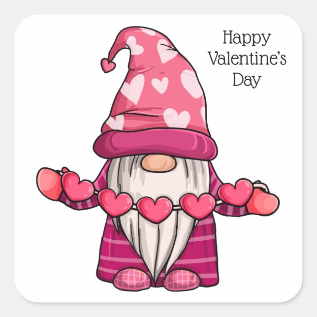 Pegatina Cuadrada Feliz Gnome del Día de San Valentín (Anverso)