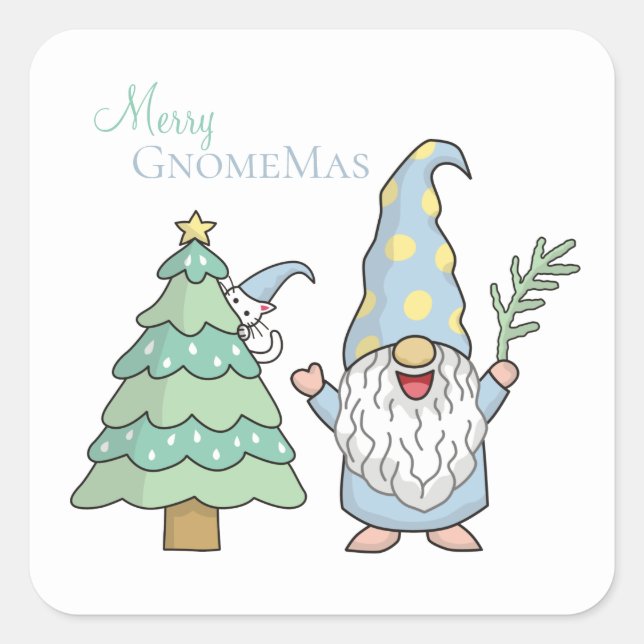 Pegatina Cuadrada Feliz GnomeMas árbol de Navidad Gnome Fiesta (Anverso)