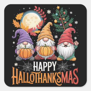 Pegatina Cuadrada Feliz Hallothanksmas Amante de Gnomos Halloween Na