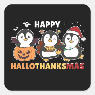 Pegatina Cuadrada Feliz Hallothanksmas Pingüinos Navidades Plaza Pin