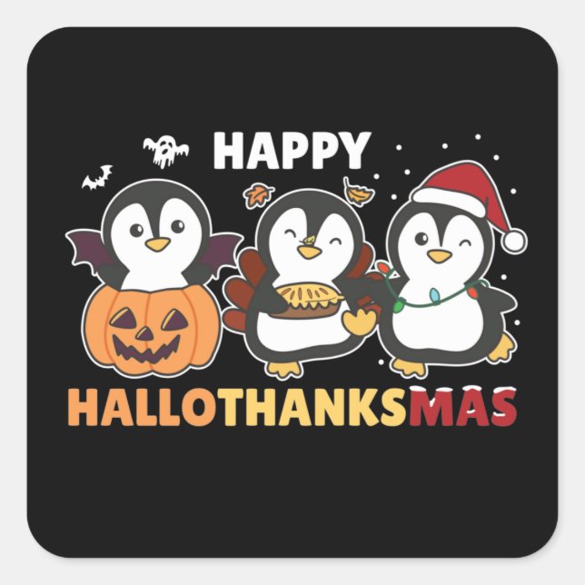 Pegatina Cuadrada Feliz Hallothanksmas Pingüinos Navidades Plaza Pin (Anverso)