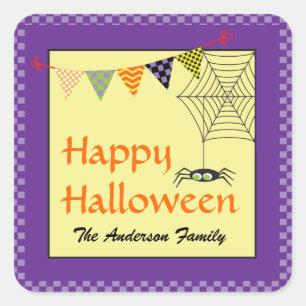 Pegatina Cuadrada Feliz Halloween Araña Agregar Nombre