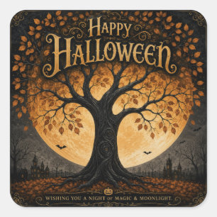 Pegatina Cuadrada Feliz Halloween Árbol Espeluznante Luna Llena Góti