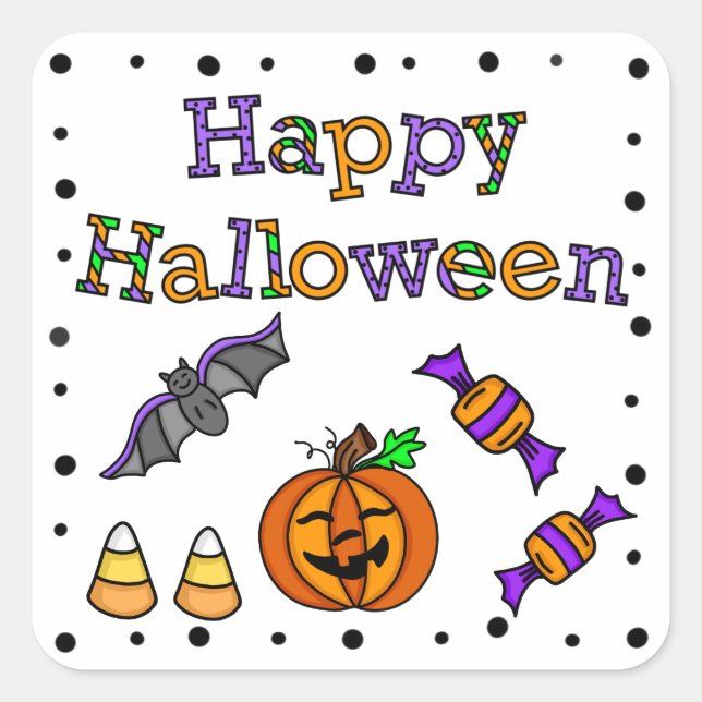 Pegatina Cuadrada Feliz Halloween Bat Pumpkin Candy Corn (Anverso)